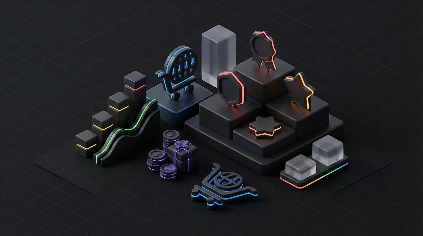 Isometrische 3D illustratie van Bol.com marketplace groei met beloningen en grafieken