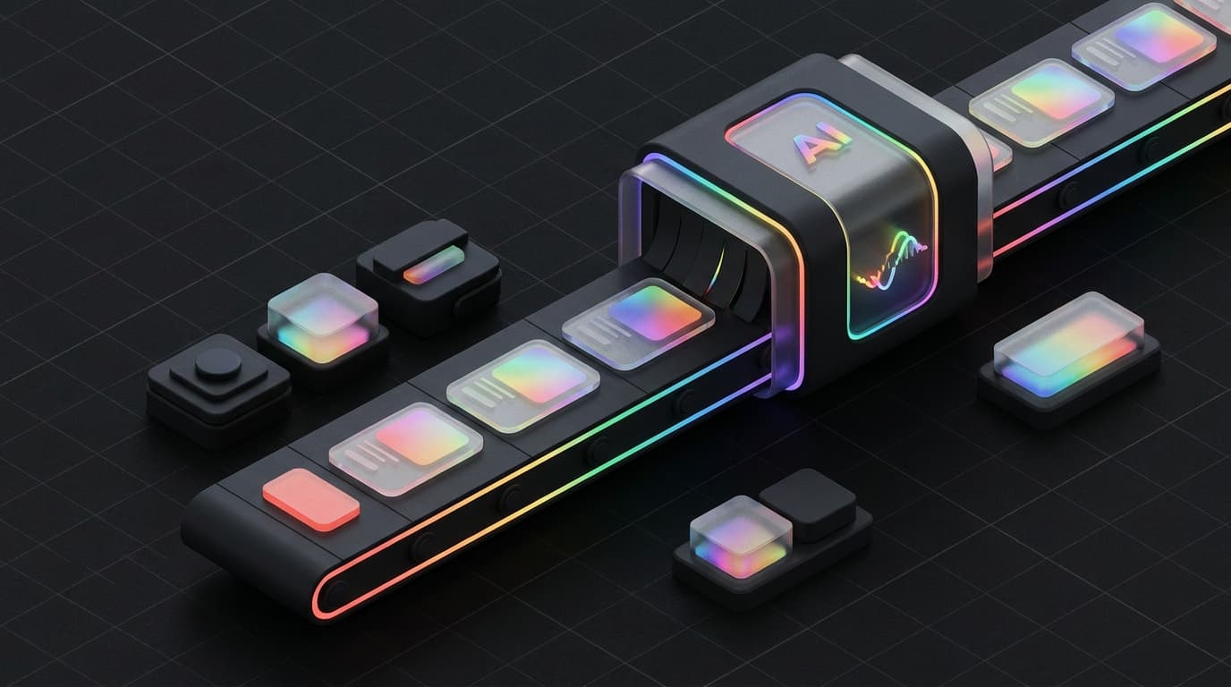 Isometrische weergave van een productfeed als lopende band die drie productkaarten aanlevert bij een AI-antwoordvenster