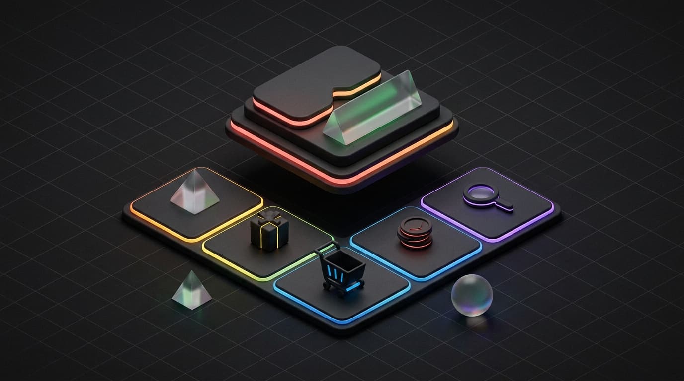 Isometrische 3D-scene van een productpagina waarop een merklaag als losse transparante plaat boven de listing zweeft