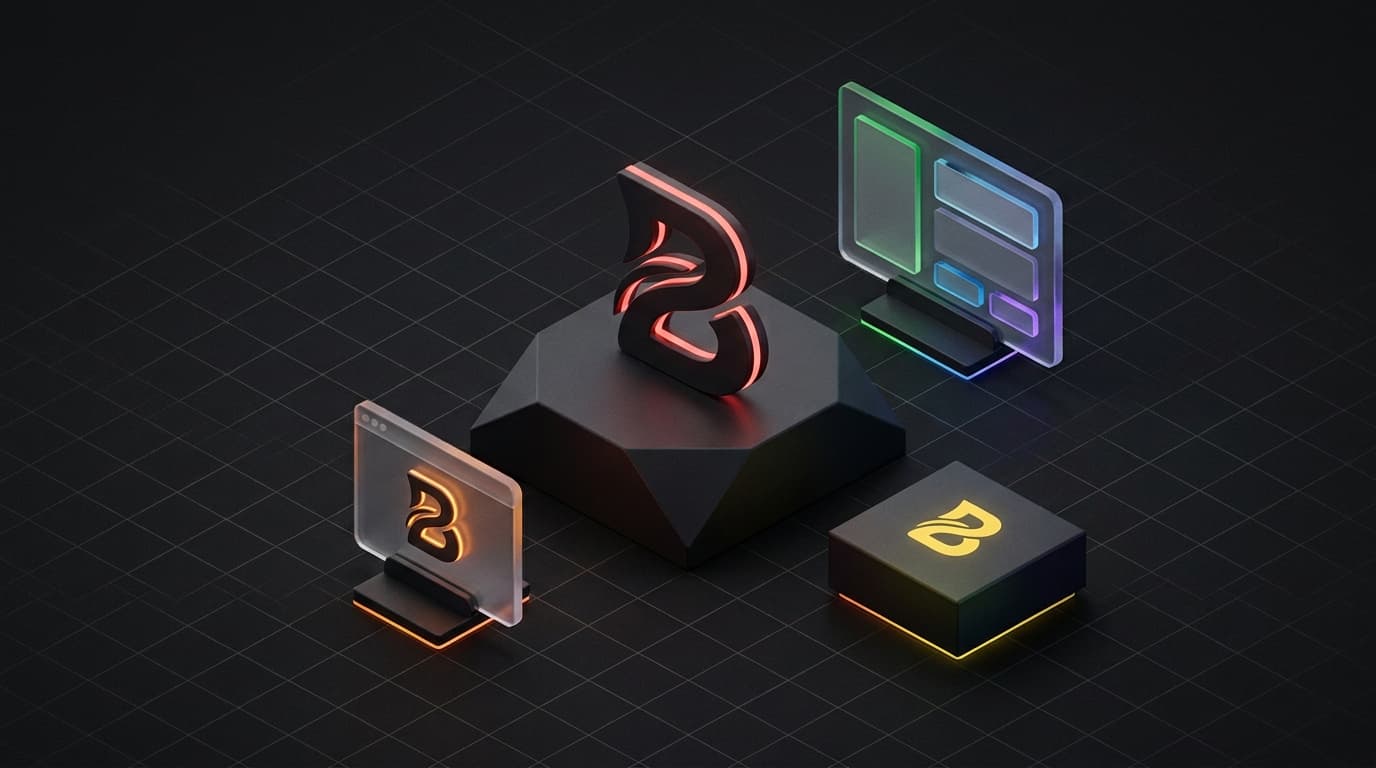 Isometrische scene waarin een letterbeeld van een merk over een webshop, een verpakking en een marktplaatspagina wordt gelegd