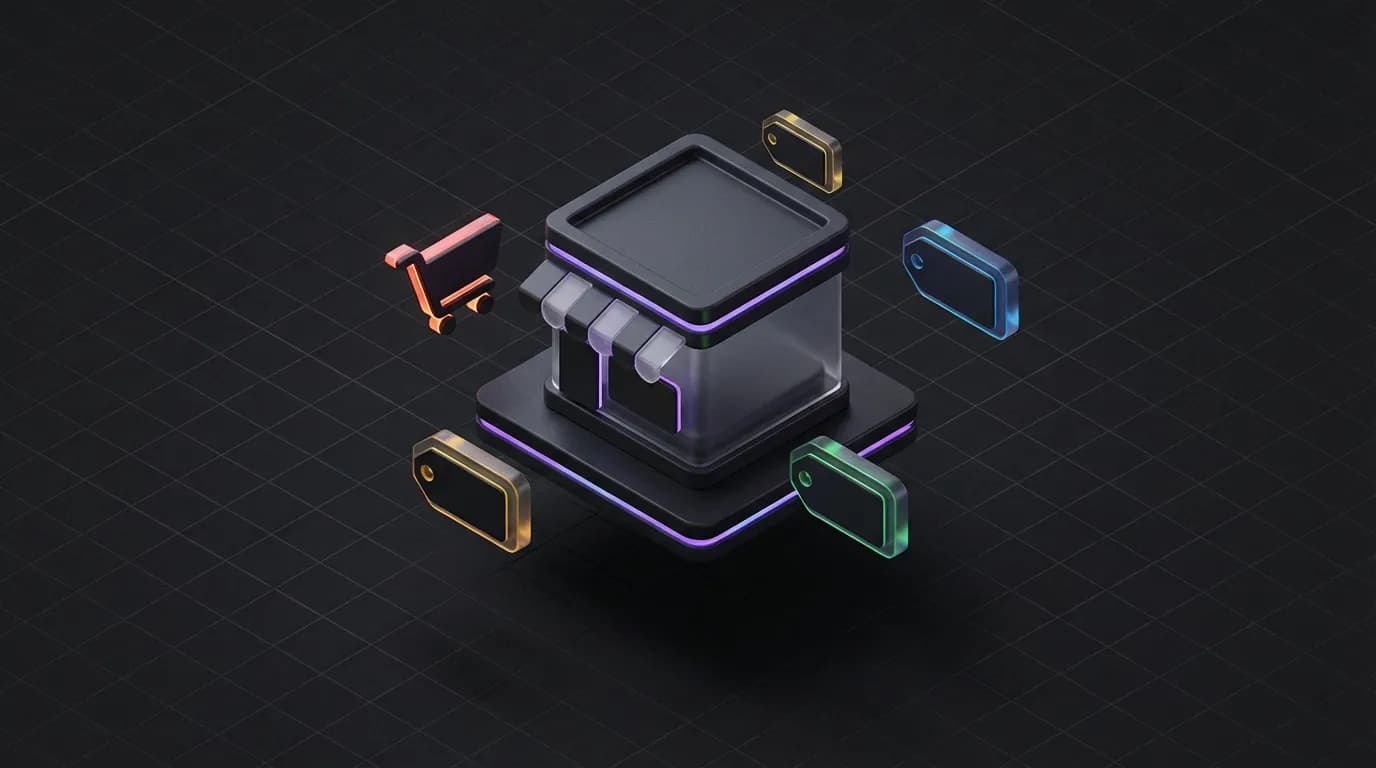 Isometrische 3D illustratie van een Shopify webshop met prijskaartjes en winkelwagen