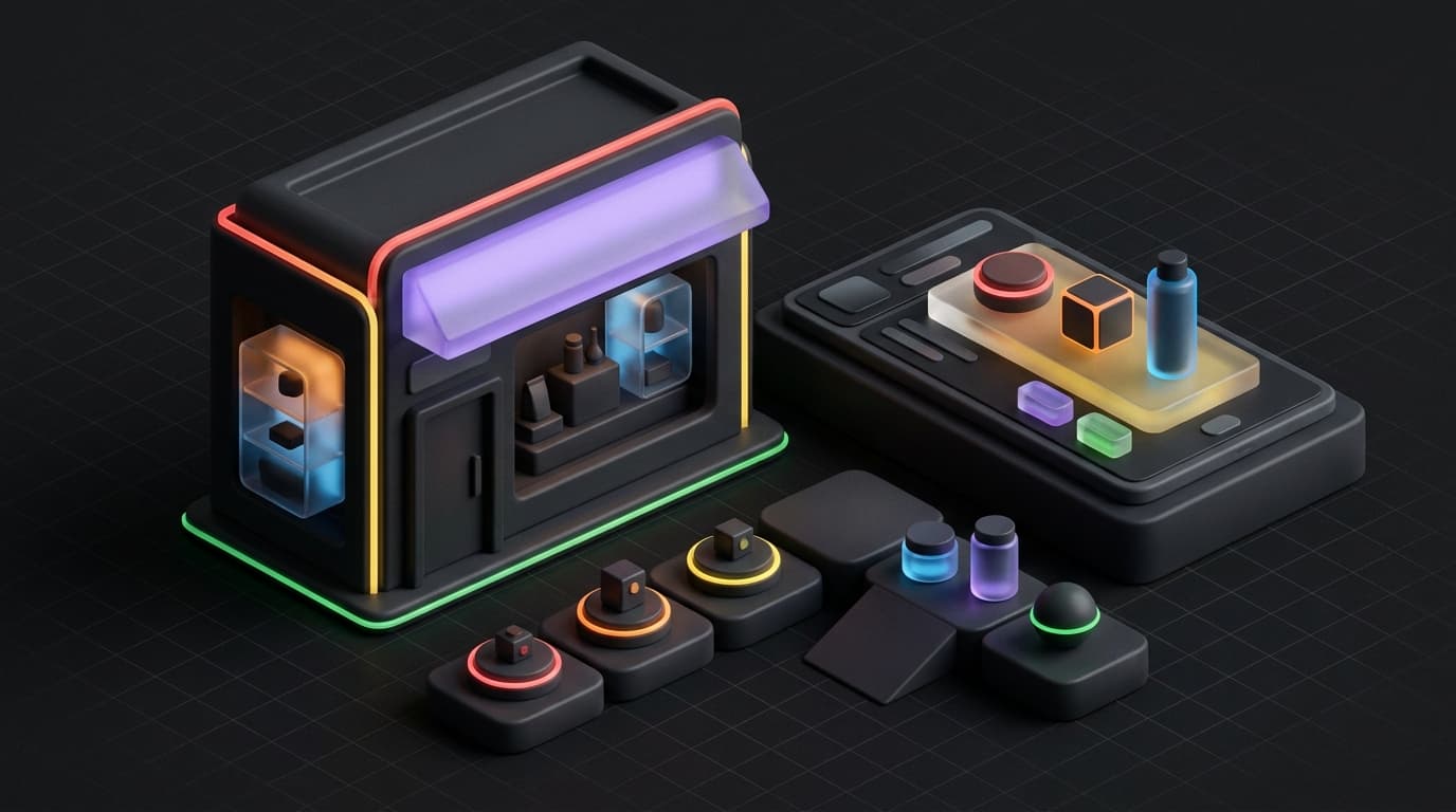 Isometrische 3D-render: een winkelpand en een losse productpagina op een weegschaal, verbonden door lichtlijnen, met rainbow rim-lighting