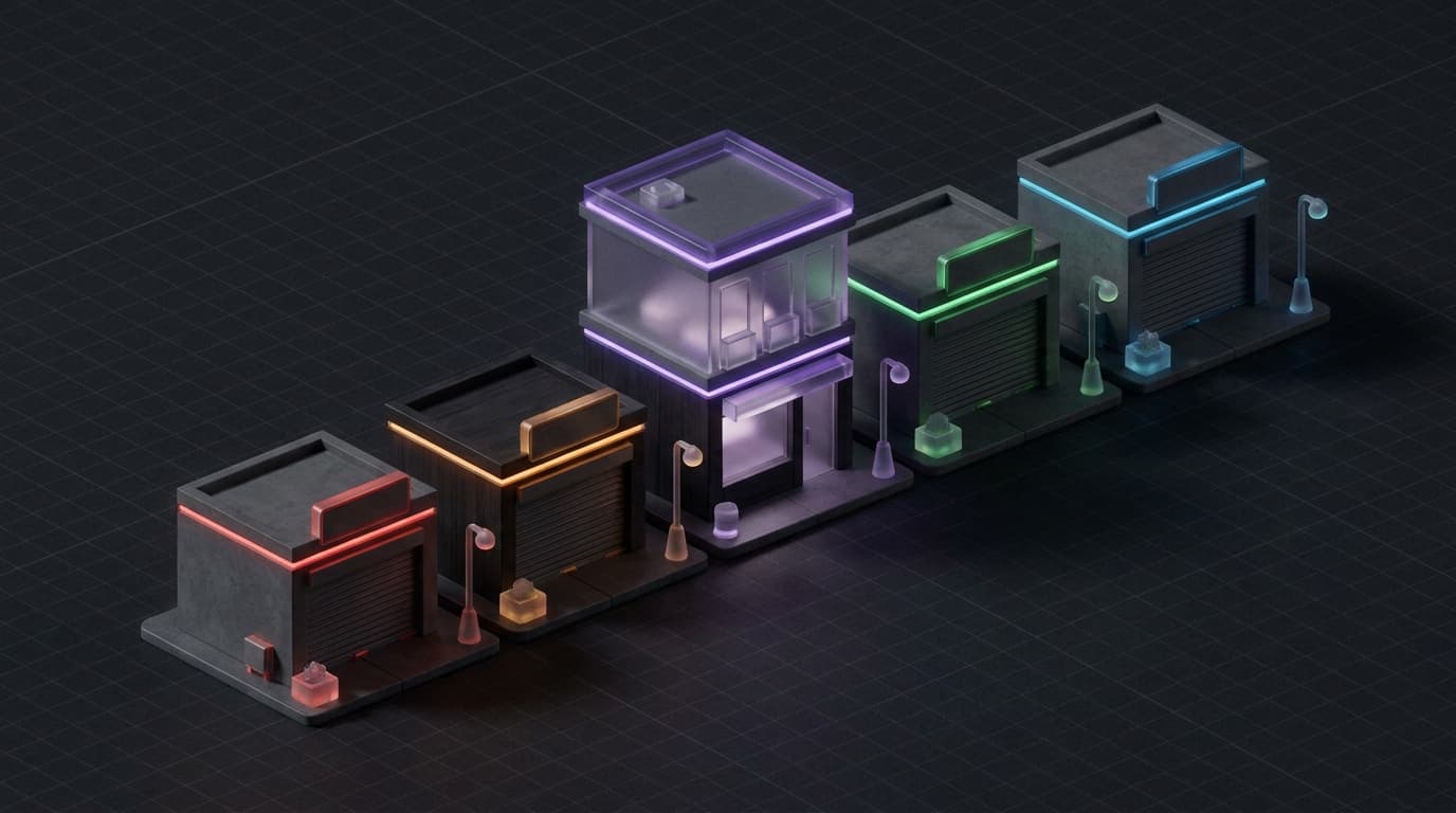 Isometrische 3D illustratie van een rij winkelpanden waarvan de meeste donker zijn en er één oplicht