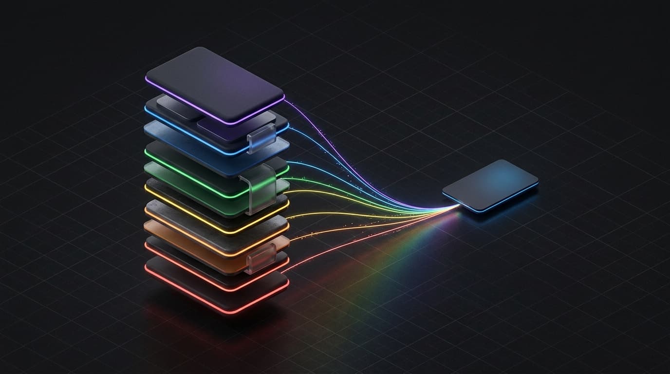 Isometrische 3D-render: links een gestapelde modulepagina, rechts een enkele platte productkaart, verbonden door lichtlijnen met rainbow rim-lighting