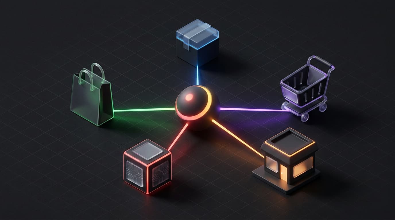 Schematische weergave van AI-agenten die producten ontdekken en kopen via Shopify webshops