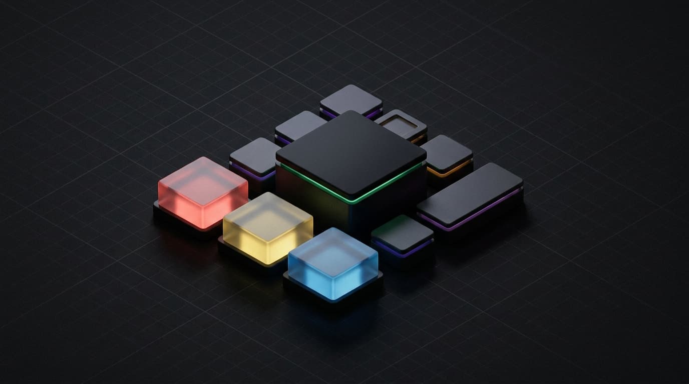 Isometrische 3D-scene van een AI-agent die productkaarten van webshops vergelijkt en er één oplicht als aanbeveling