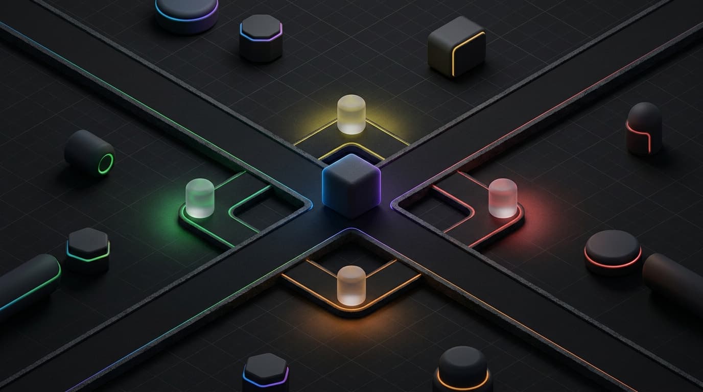 Isometrische 3D illustratie van een kruispunt van paden waarop een klein blok zelf een richting kiest, met bij elke afslag een matglazen controlepaal
