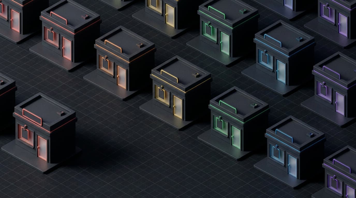 Isometrische 3D-render van een raster identieke winkelpuien, elk met hetzelfde lege bordje in de etalage