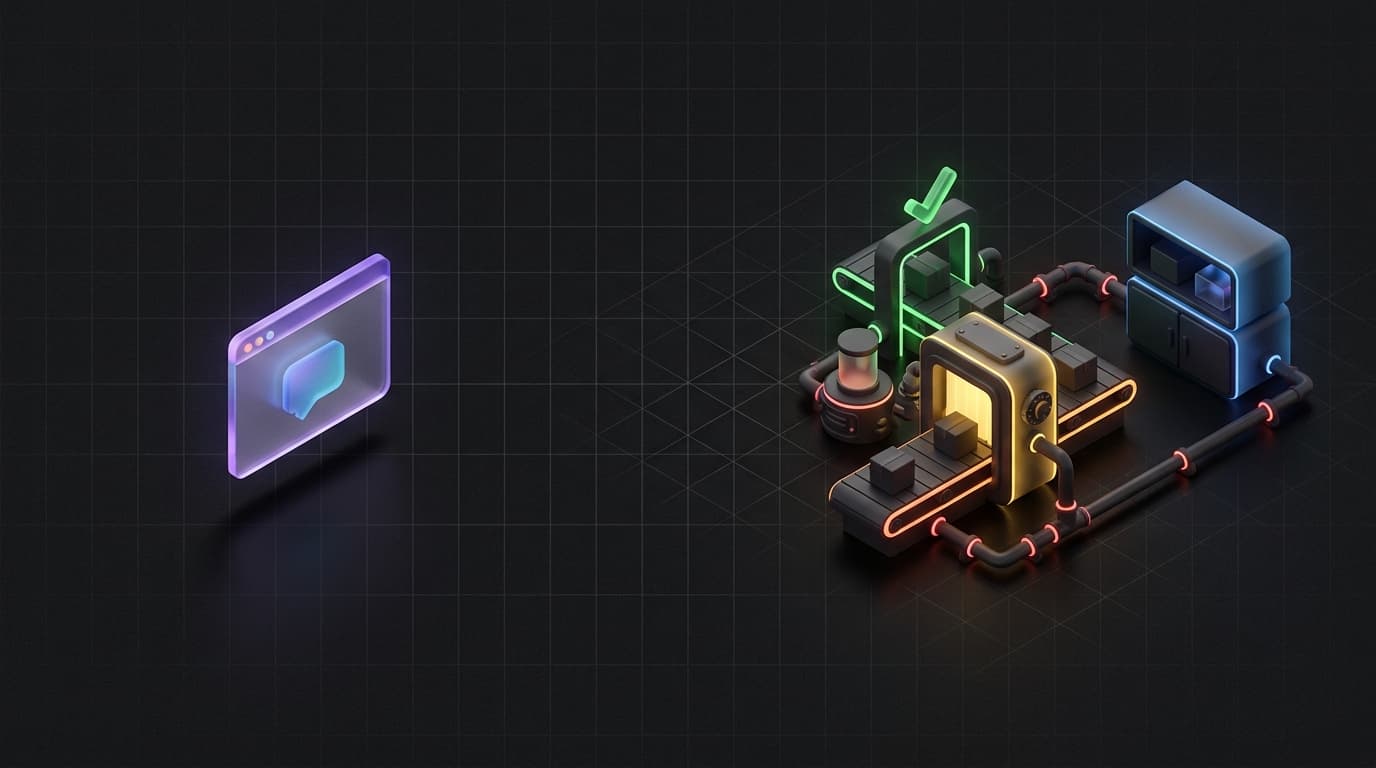 Isometrische 3D illustratie van een los zwevend glazen browservenster met een tekstballon links, en rechts een lopende band met pakketjes die door een oplichtende machine en een poort met een vinkje gaan, met leidingen naar een kast