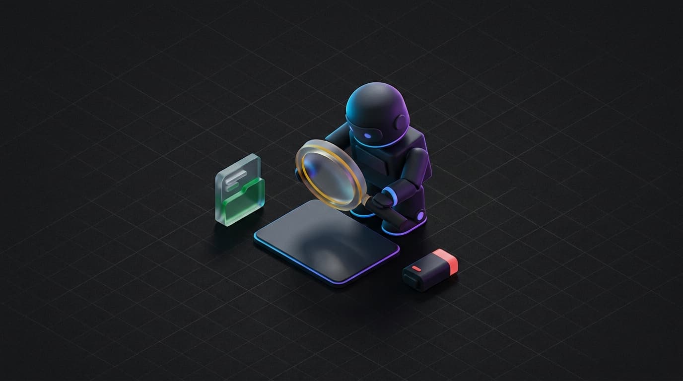 Isometrische 3D-illustratie van een kleine robot die met een vergrootglas een leeg scherm bekijkt, met een map en een label ernaast