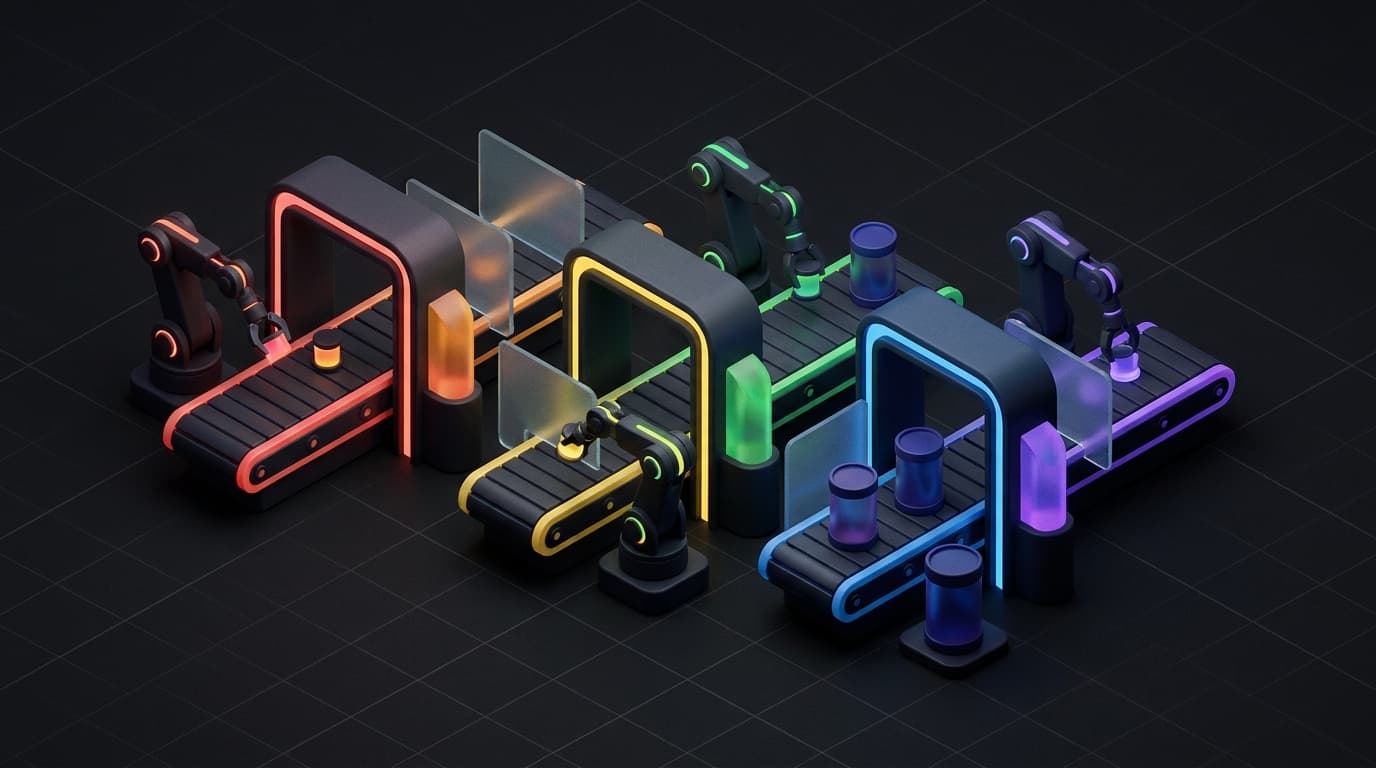 Isometrische 3D illustratie van drie gestapelde lagen: onderaan een rij tandwielen, in het midden een enkel blok met een lichtgevende vonk, bovenaan een klein robotfiguur, met tussen elke laag een slagboom