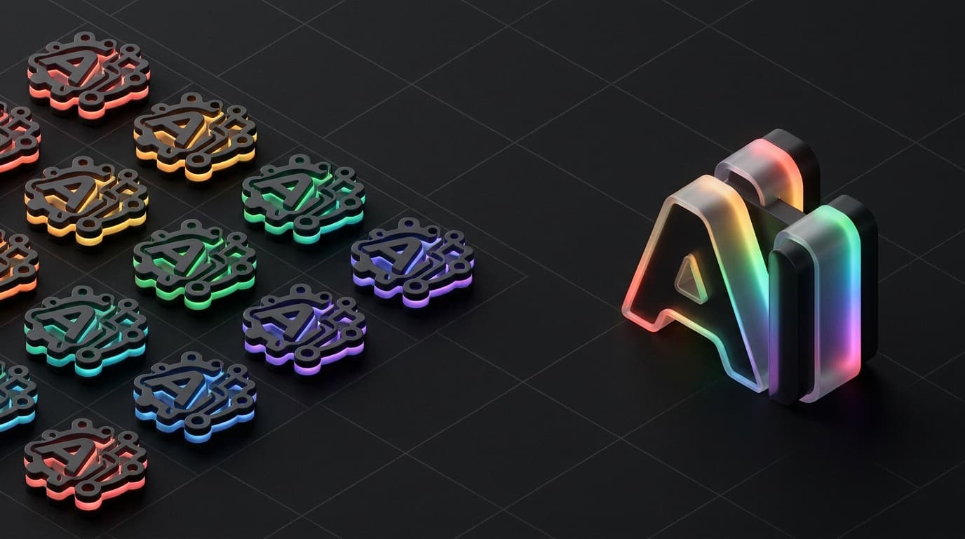Isometrische 3D-scene van identieke AI-gegenereerde merkbeelden naast één onderscheidend merksysteem