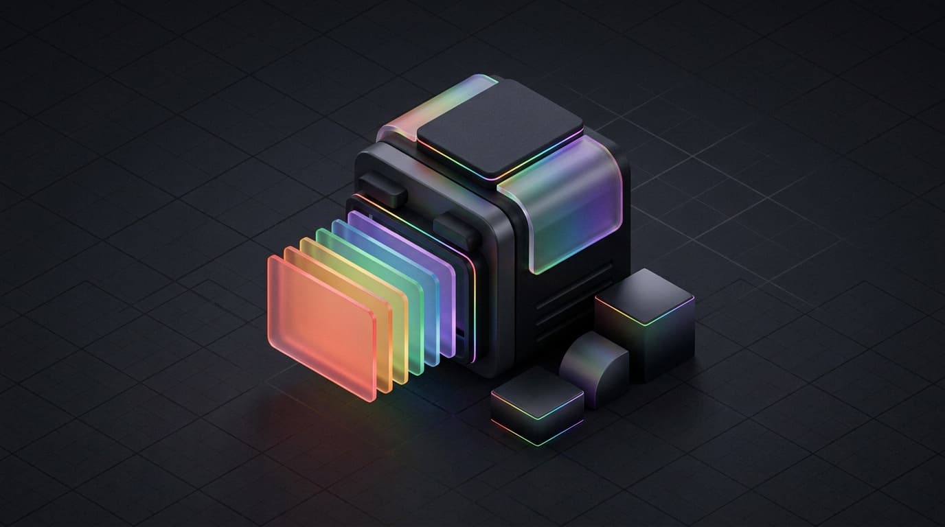 Isometrische 3D-generator die schermlagen uitspuwt op een donker raster met regenboog rim-lighting