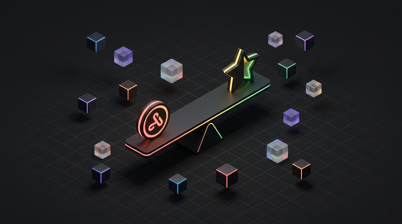 Isometrische 3D illustratie van een weegschaal waarop een merklogo in evenwicht ligt met een enkele halve ster