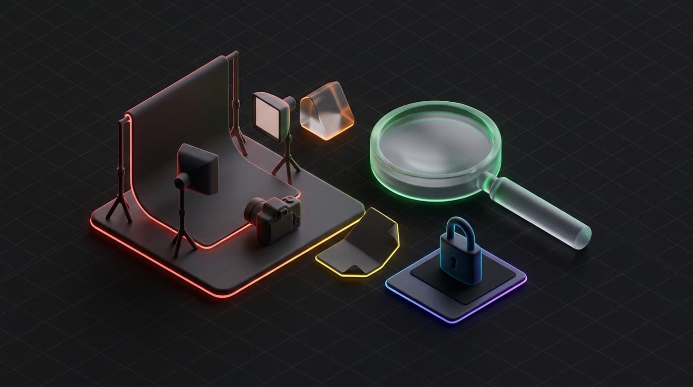 Isometrische studio-opstelling met een vergrootglas boven een klein contract naast een productfoto met een slotje erop