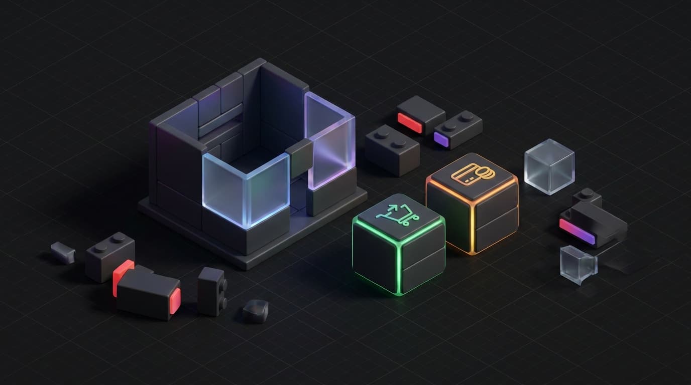 Isometrische 3D-scene van een half afgebouwde webshop waarvan de checkout- en betaalmodule nog los liggen naast een stapel bouwblokken