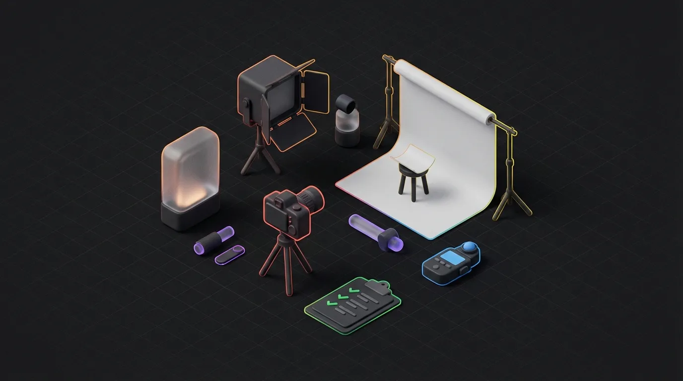 Isometrische 3D illustratie van een productfotografie studio met witte achtergrond en checklist