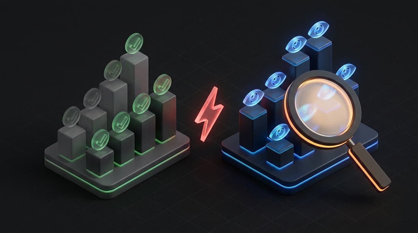 Isometrische 3D-render van een dashboard met een zichtbare trendbreak in de grafiek, in donkere tinten met rainbow rim-lighting