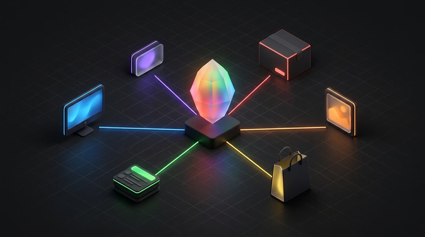 Isometrische 3D-illustratie van een menselijk merkconcept dat AI-uitvoering aanstuurt, met merkassets, listings en beeldvarianten in regenboogaccenten