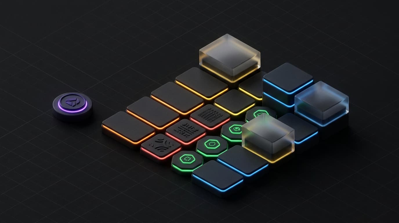 Isometrische 3D-render: één klein logo-badge naast een groter modulair merksysteem van bouwblokken met kleurstalen, typografie en iconen, met rainbow rim-lighting