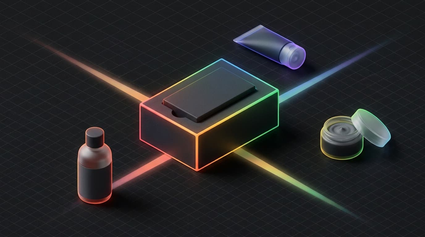 Isometrische 3D-render: een centrale hero-productdoos verbonden via rechte stralen met drie satelliet-accessoires en genummerde beeldslots, met rainbow rim-lighting