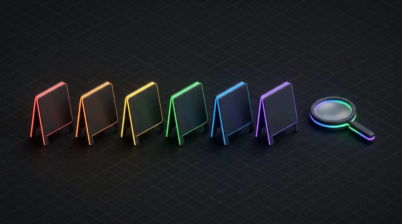 Isometrische 3D illustratie van zes lege stoepborden op een rij, elk met een andere gekleurde rand, met aan het eind een vergrootglas