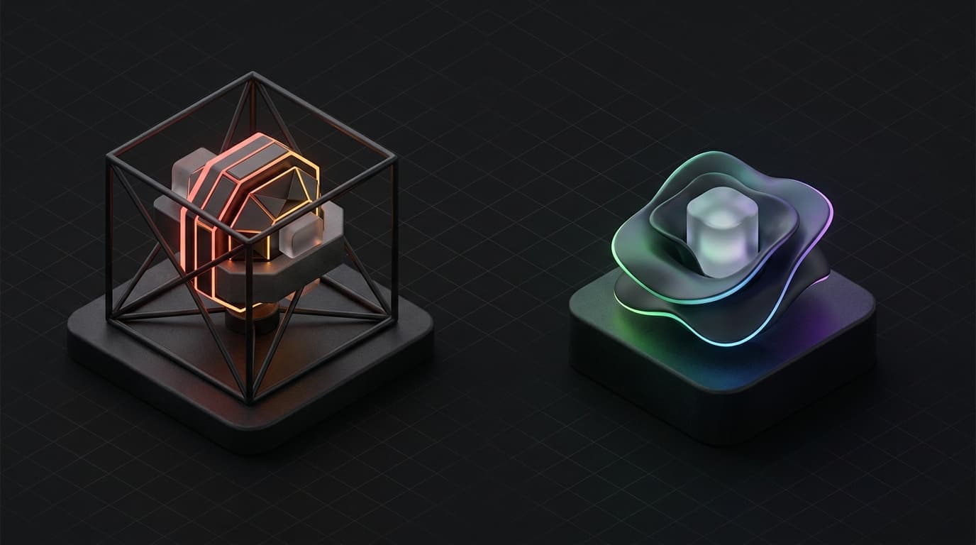 Isometrische 3D-illustratie van CGI-productvisualisatie naast AI-gegenereerde beelden, met renders, kleurvarianten en een 3D-model in regenboogaccenten