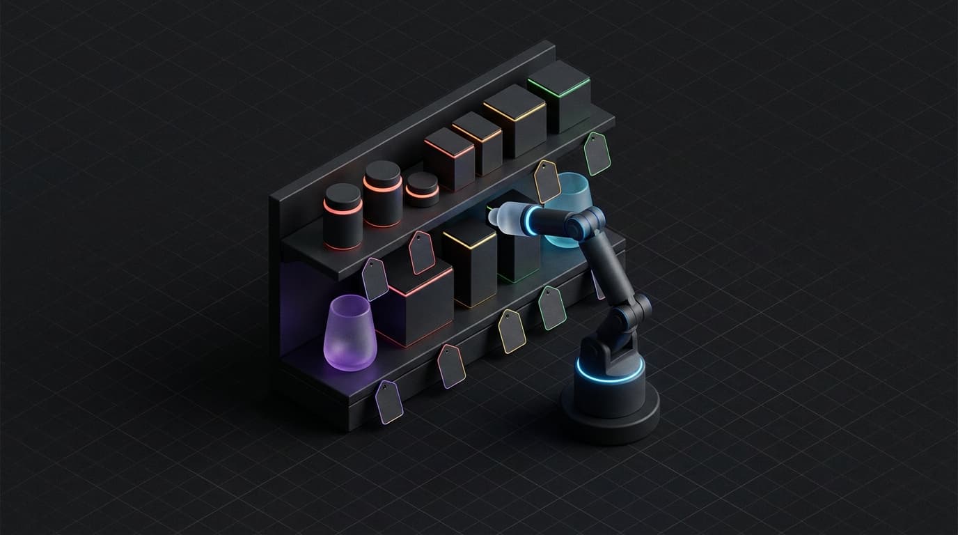 Isometrische 3D-render van een robotarm die een miniatuur winkelschap afleest waar de prijskaartjes leeg zijn