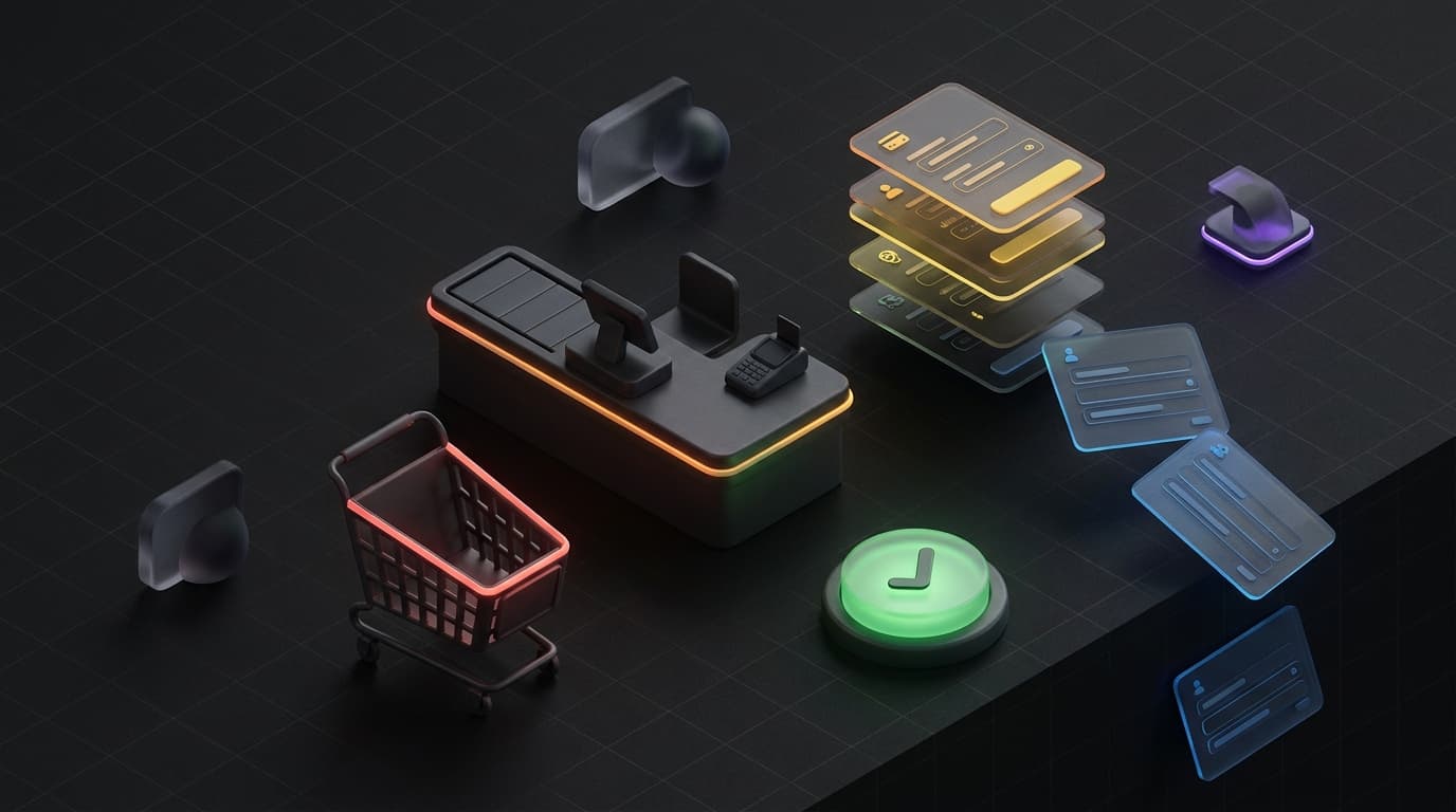 Isometrische 3D illustratie van een webshop checkout-flow met formuliervelden en een afhaakpunt