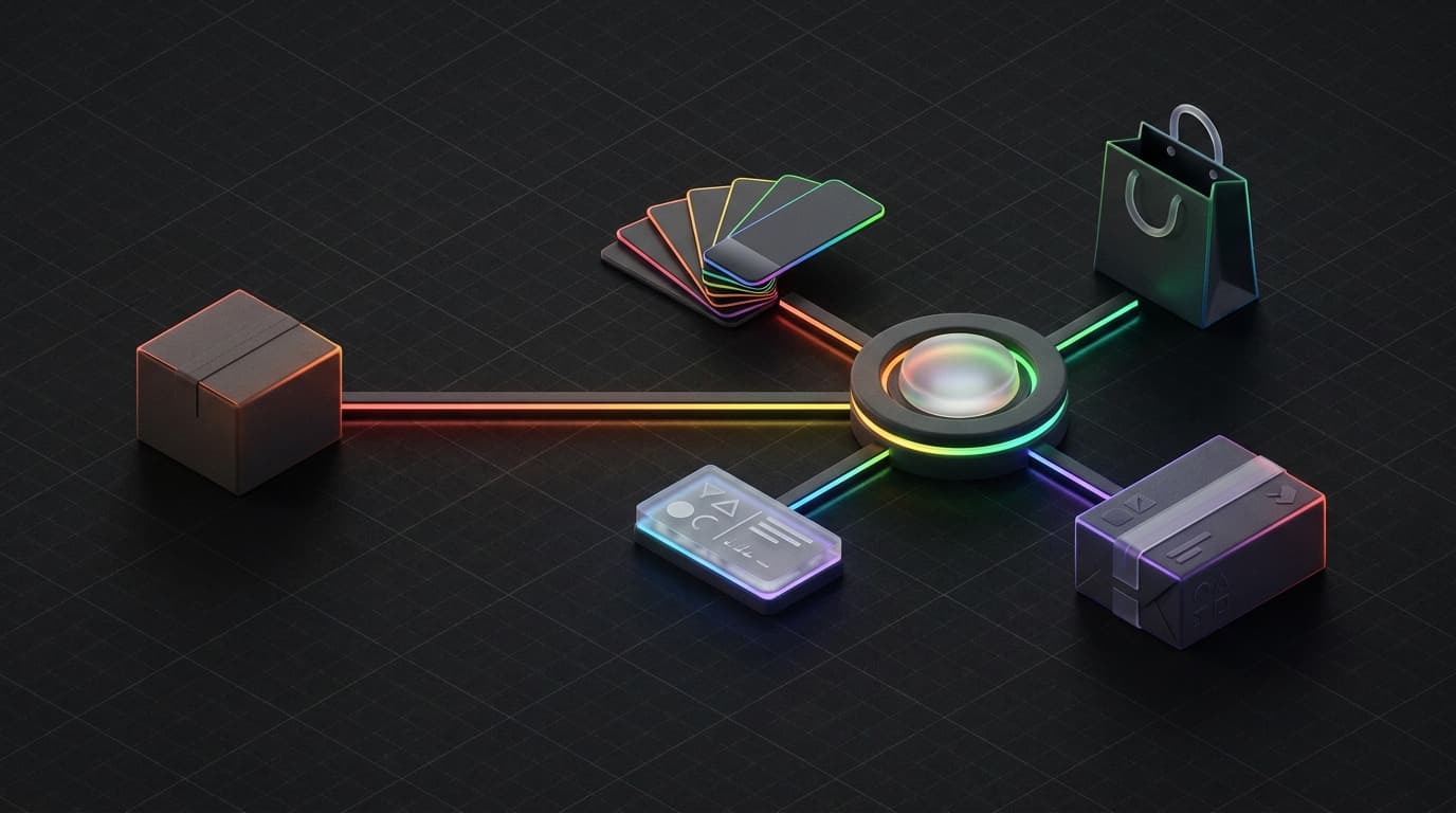 Isometrische 3D-render: een klein ongemerkt productdoosje verbonden via rechte stralen met een groter samenhangend merksysteem van kleurstalen, typografie en verpakking, met rainbow rim-lighting