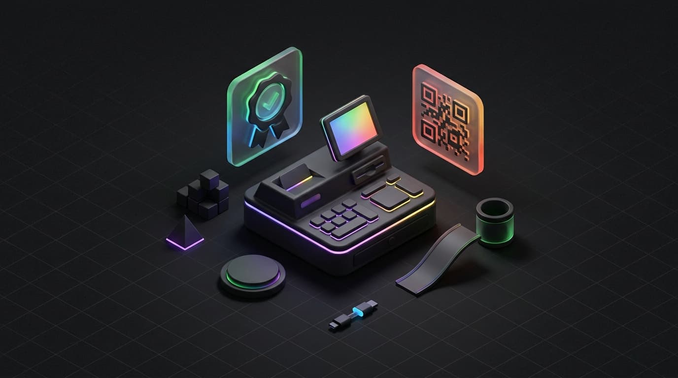 Isometric miniature checkout terminal with a floating certification tile and a scannable code tile, in dark Oase style with rainbow accents