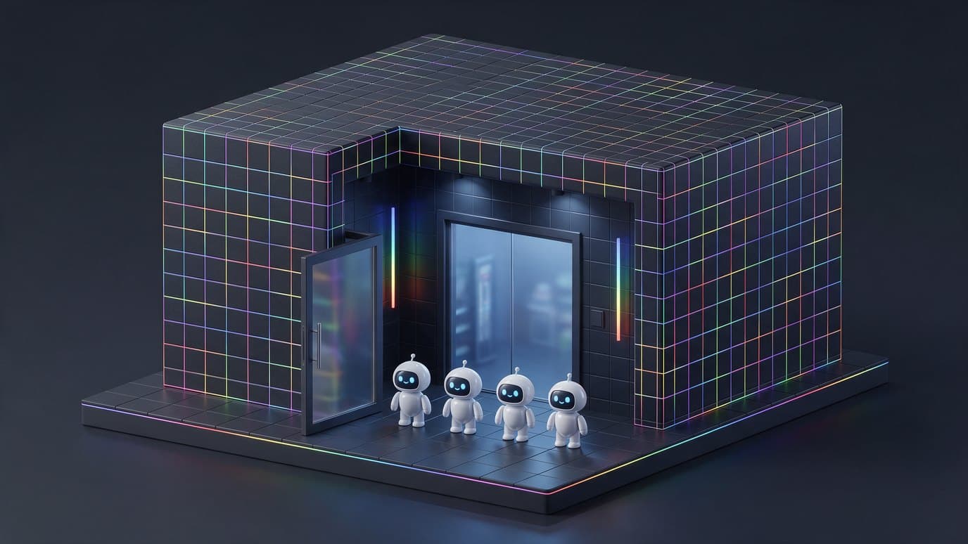 Isometrische 3D illustratie van een webshop-gebouw met een open voordeur en een gesloten binnendeur waar kleine robotjes voor wachten