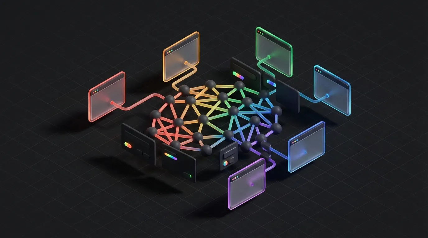 Isometric 3D illustration of a neural network connected to website browsers for GEO