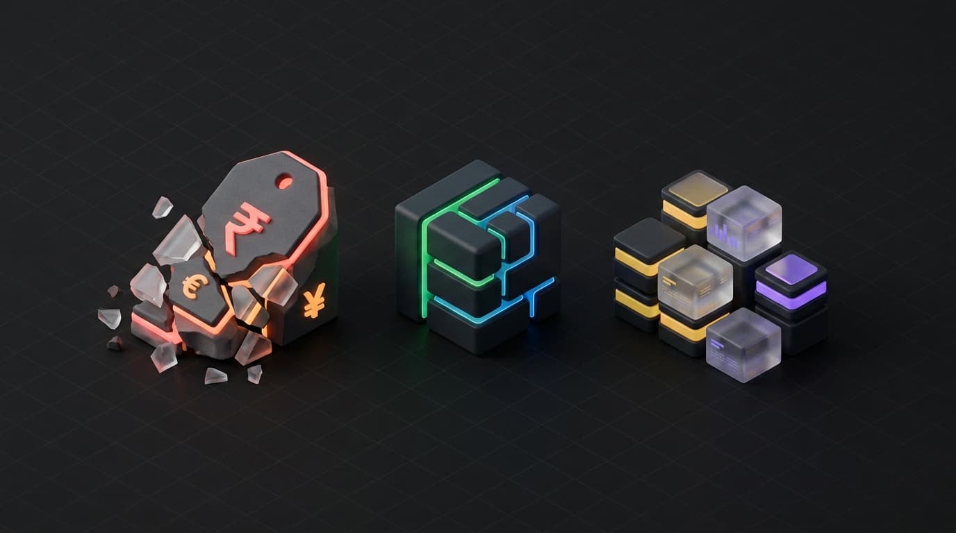 Isometrische 3D-illustratie van een prijskaartje dat afbrokkelt naast een merk dat overeind blijft staan, met marktplaats-listings en merkassets in regenboogaccenten