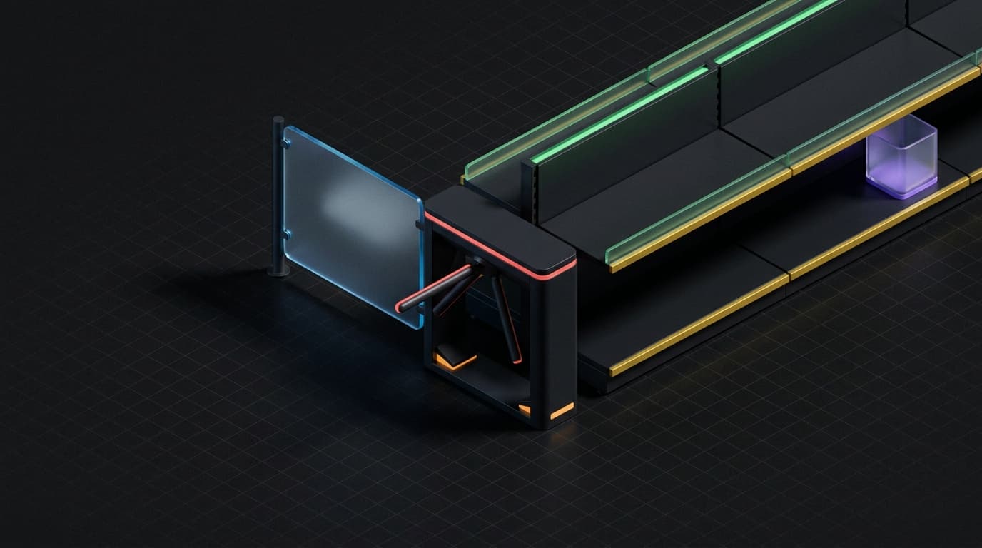 Isometrische 3D illustratie van een tourniquetpoort die de weg verspert naar een leeg productschap