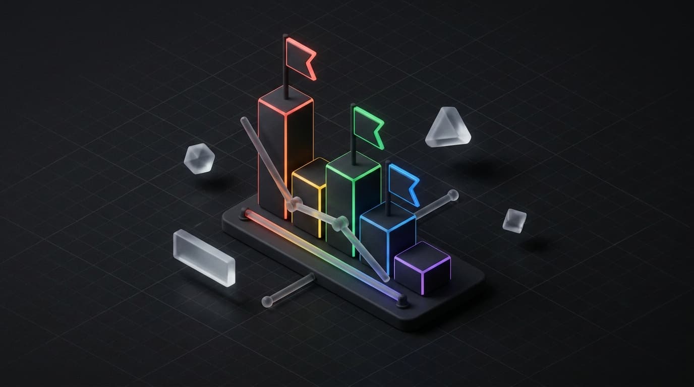 Isometric 3D illustration of a falling line chart on a table, with three coloured flags each marking a break in the line and a magnifying glass beside it