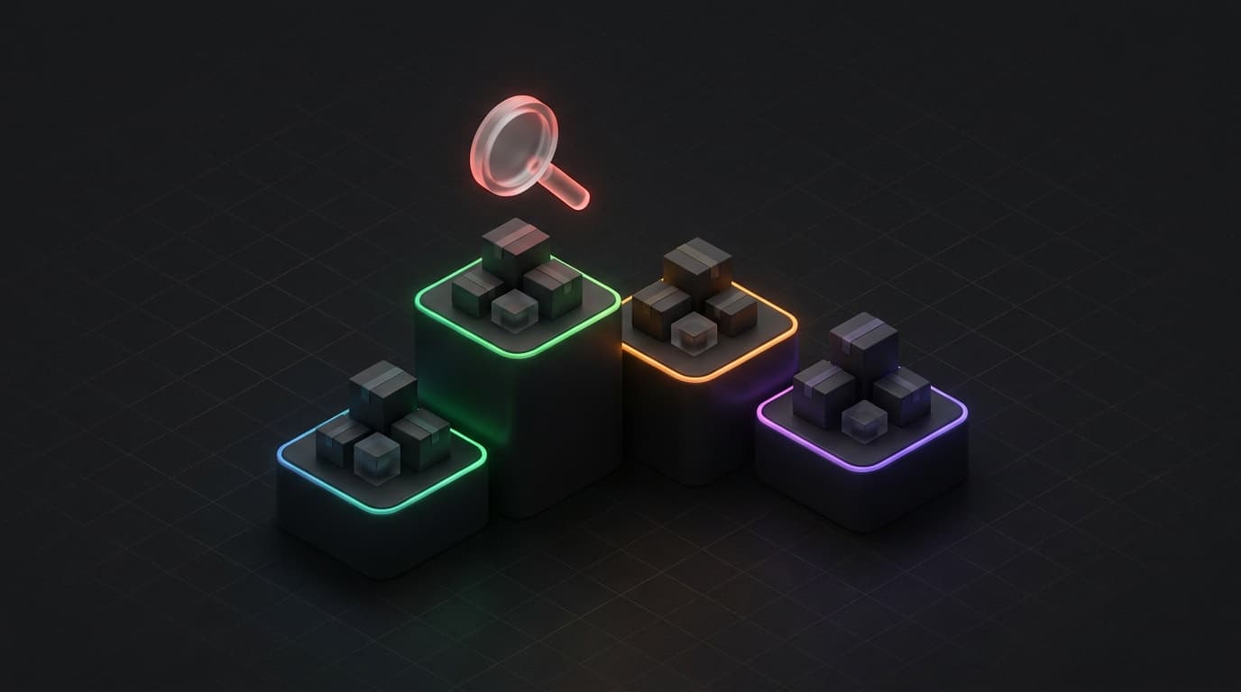 Isometrische rankingpodiums met productdozen: drie posities oplopend in hoogte, vergrootglas boven het hoogste podium, symbool voor het herwinnen van zoekposities op Bol.com