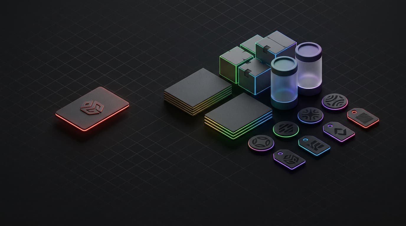 Isometrische 3D illustratie van één los logokaartje met een rode lichtrand naast een complete set merkmiddelen: stapels drukwerk, dozen, potten, badges en labels, elk met een gekleurde lichtrand op een donkere ondergrond