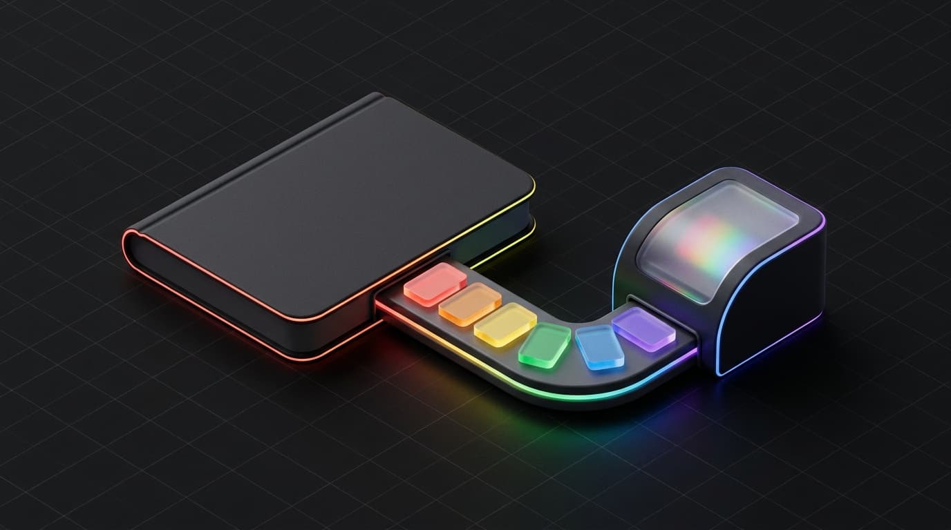 Isometrische 3D illustratie van een gesloten boek waaruit een lint van genummerde kaartjes naar een klein machinetje loopt