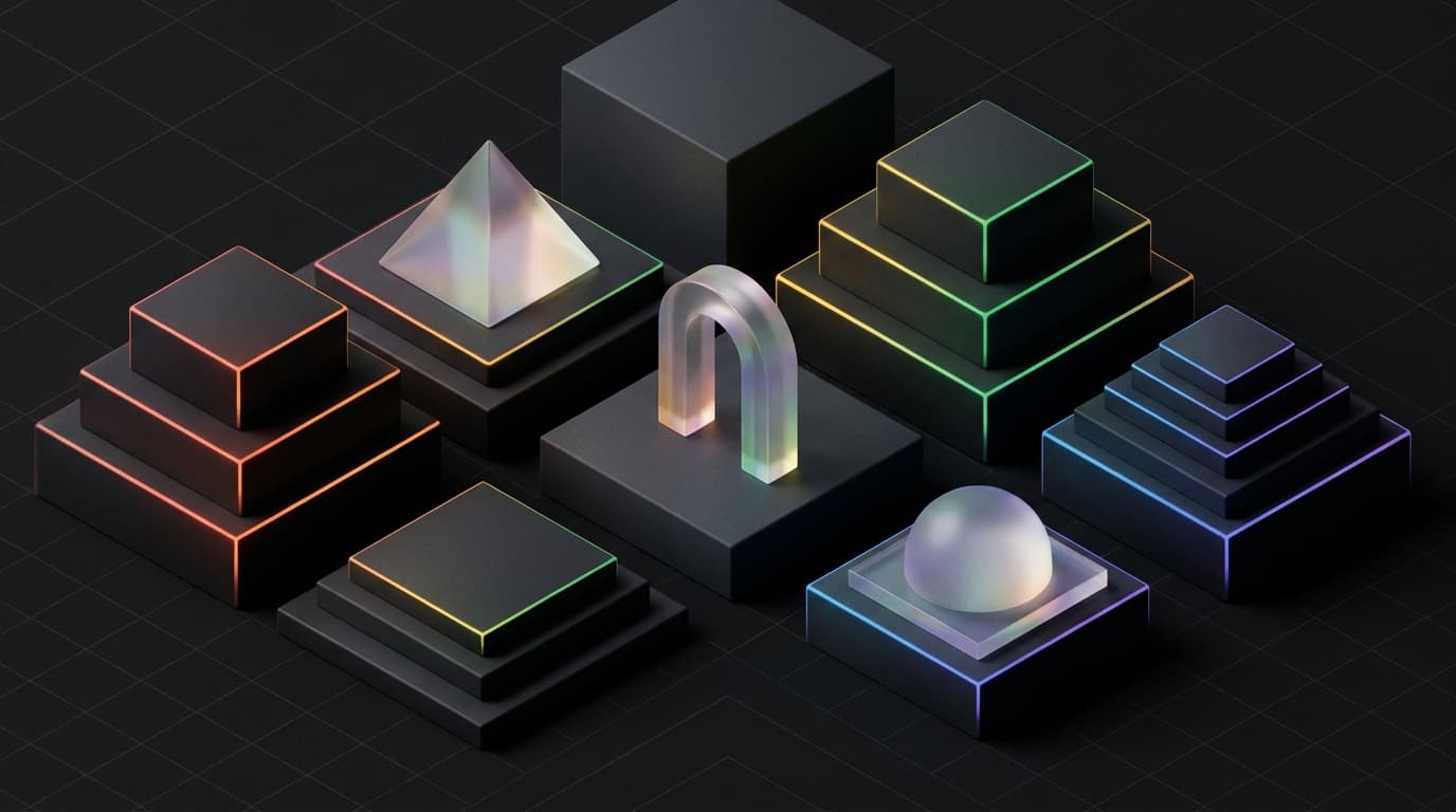Isometrische 3D-illustratie van een productlisting die op een merkfundering rust, met keywords, A+ modules en advertenties als losse blokken erboven in regenboogaccenten