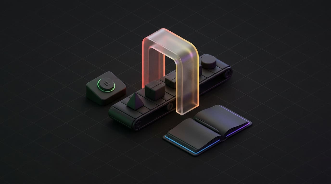Isometrische 3D illustratie van een lopende band met blokjes die door een matglazen poort loopt, met ernaast een bedieningsblok met een pauzeknop en een opengeslagen logboek