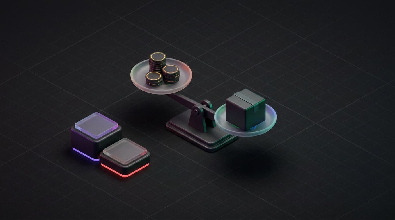 Isometrische 3D-scene van een weegschaal met een stapel munten tegenover een verzenddoos, met twee trapsgewijze platforms op verschillende hoogte ernaast