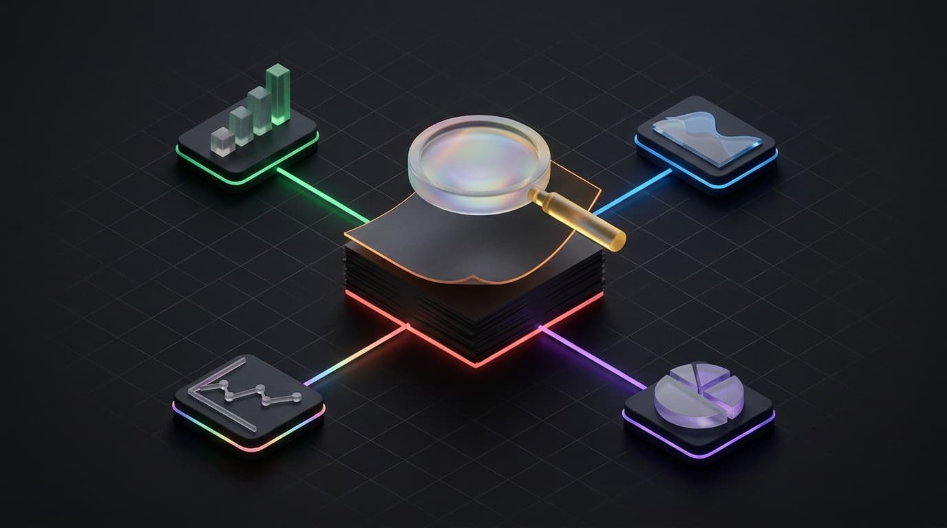 Isometrische 3D illustratie van een stapel documenten waaruit een enkel vel met een vergrootglas erboven omhoog steekt
