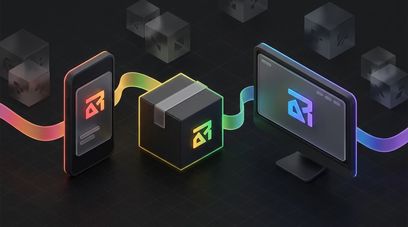 Isometrische 3D-illustratie van een merkidentiteitssysteem met logo, kleurenpalet, productverpakking en marketplace listings in regenboogaccenten