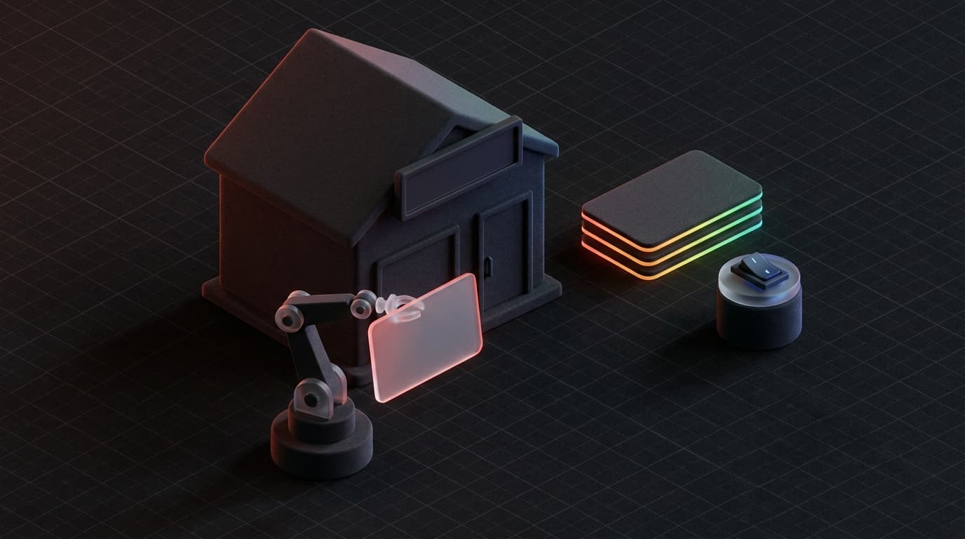 Isometrische 3D-render van een miniatuurwinkel met een leeg naambord, waarnaast een robotarm een generieke voorgedrukte kaart omhooghoudt