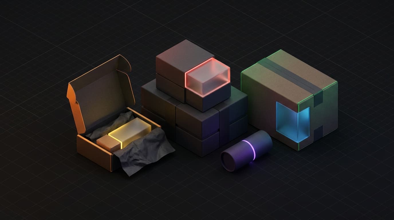 Isometrische 3D scene van premium branded packaging dozen met handgemaakte textuur