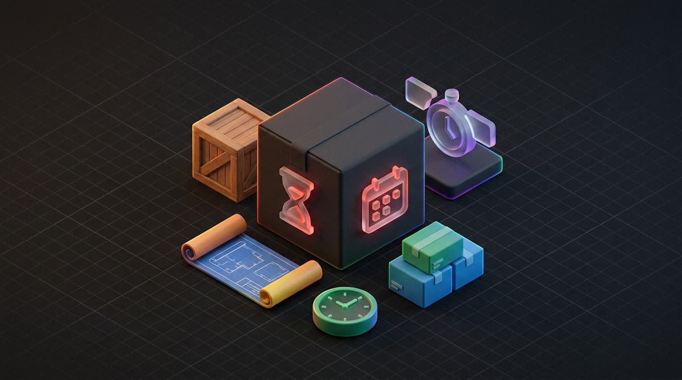 Isometrische 3D-scène van duurzame kartonnen e-commerce verpakking met aftellende kalender richting 12 augustus 2026