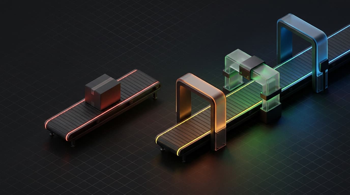 Isometrische 3D-scène van een verzenddoos op een lege inspectieband, met een tweede band ernaast die wel bemand is