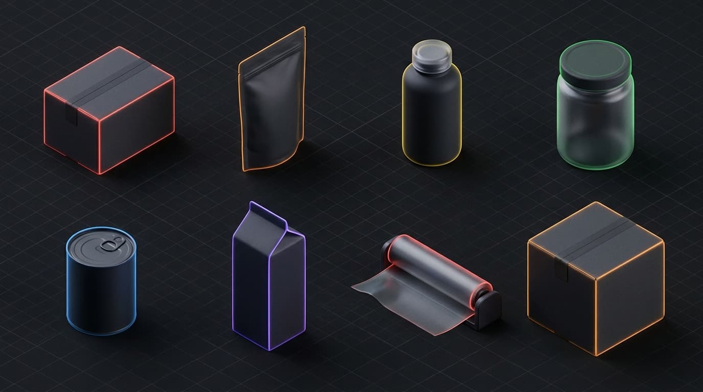 Acht verpakkings-typen naast elkaar: karton, flexibel plastic, rigide plastic, glas, metaal, composiet, voedselcontact en verzenddoos