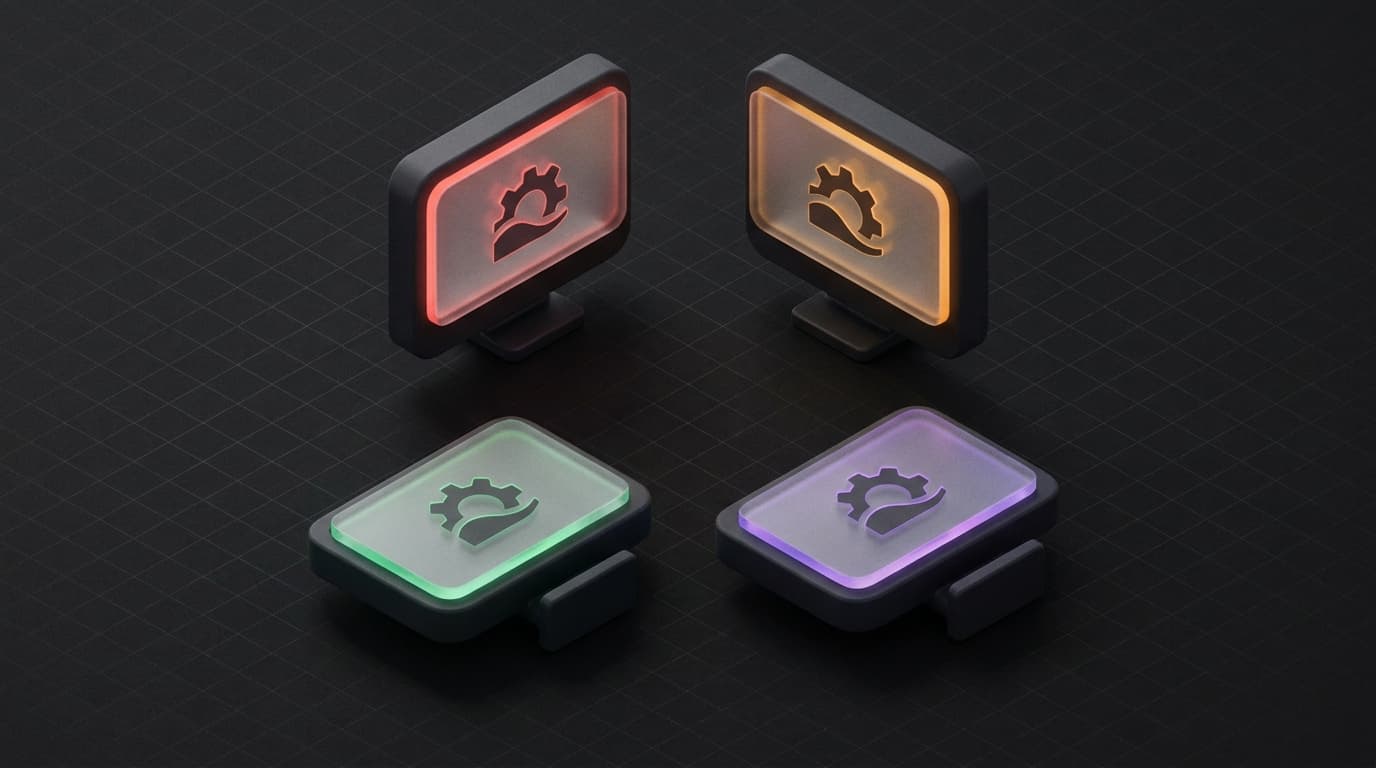 Isometrische 3D-illustratie van één product dat op vier schermen met verschillende beelden verschijnt, in monochroom met een regenboog-ring